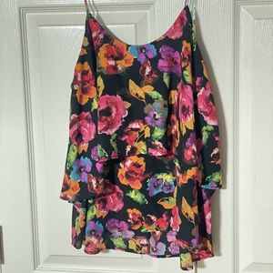 Paper Crane Flowy Floral Layered Tank Black W/ Bright Multi Colored Flowers Med